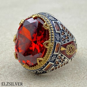 Mens Cubic Zirconia Stone Silver Ring, Red Zircon Stone Ring, Ottoman Silver Ring, Handmade Silver Ring, 925k Solid Silver Ring, Gift Ring