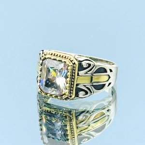 Handmade Sterling Silver Mens Ring: White Zircon Stone, Turkish Design