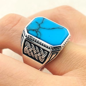 Men&#39;s Turquoise Stone Silver Ring, Handmade Jewelry Men, Knitting Ring, 925K Sterling Silver, Blue Stone Ring, Unique Ring, Gift For Him