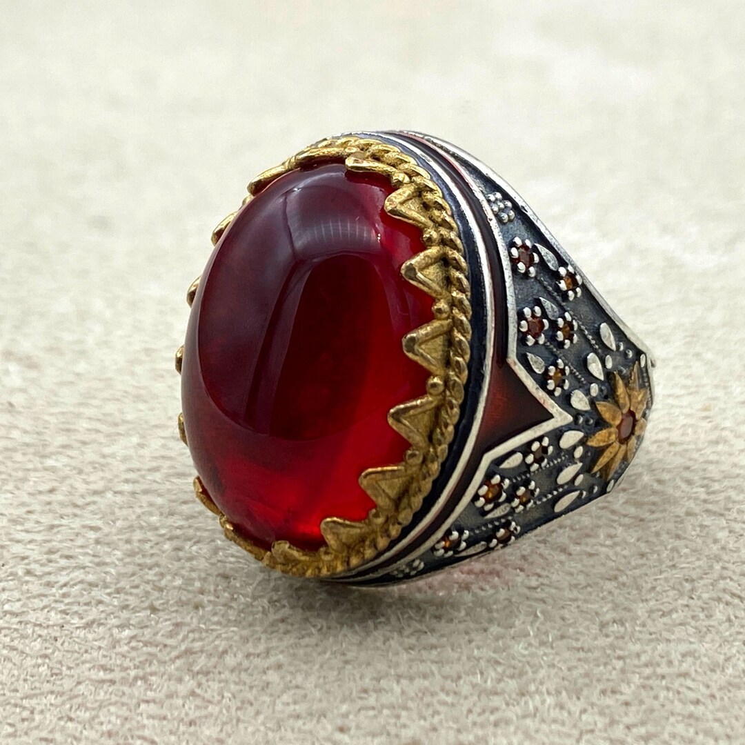Bague En Argent Avec Aqeeq Rouge Du Yémen Authentique - Taille US 9 - Modèle Gravé Pour Homme Et Femme