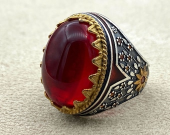Yemeni Aqeeq Ring, Men Ring, 925 Sterling Silver, Handmade Silver, Red Ring, Yemeni Stone Ring, Agate Ring, Gift Ring, Ottoman Ring