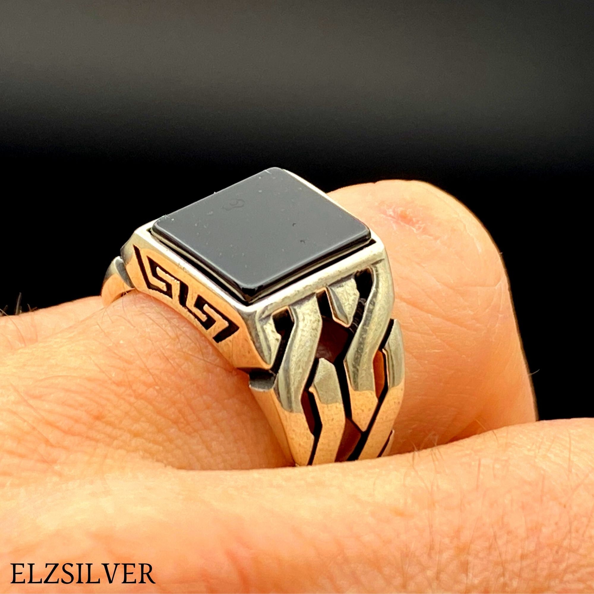 Men's Black Onyx Square Stone Handmade Silver Ring - Etsy