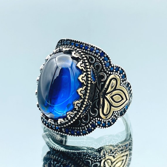 Mens Blue Aqeeq Ring Handmade Oval Blue Agate Stone Silver Ring Ottoman Style Ring 925 Sterling Silver Unique Men Jewelry Gift for Him Etsy