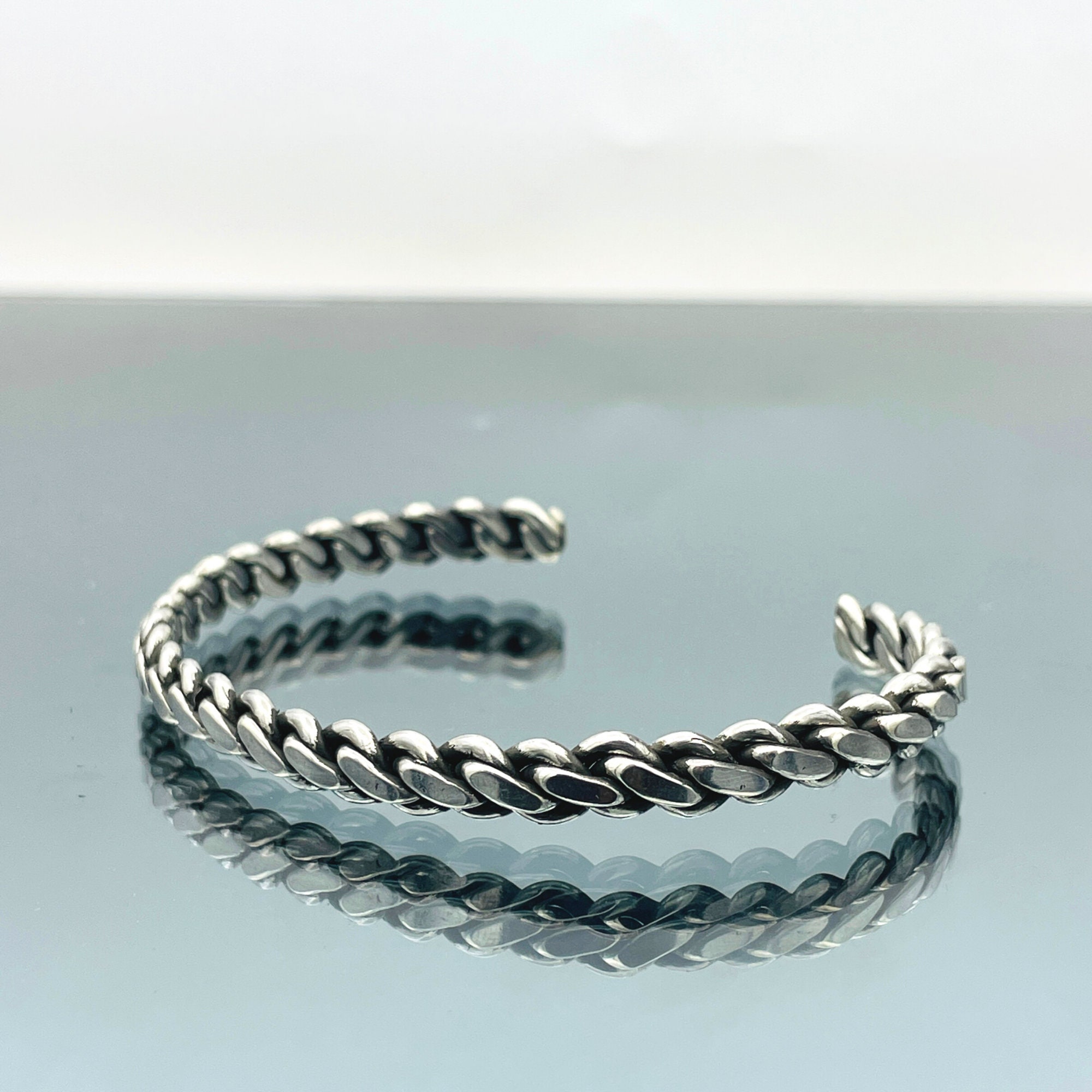 Curb Chain Silver Cuff Bangle, 925 Sterling Silver Gourmet Men