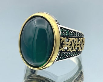 Anillo Aqeeq yemení: hecho a mano en plata de ley 925, piedra de ágata verde.