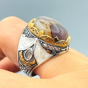 Agate Stone Men&#39;s Ring: Handmade Ottoman 925 Sterling Silver Jewelry