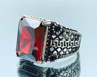 Men's Red Ruby Ring: Turkish Handmade 925 Sterling Silver Ottoman Style