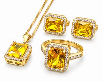 Yellow Citrine Necklace, Earrings and Ring Set, 18K Gold Plated Silver, White Zircon Accents