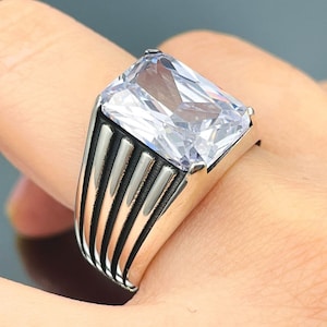 Mens White Zircon Square Stone Ring, Turkish Handmade Ring, 925 Sterling Silver Ring, Ottoman Style Ring, Mens Jewelry, Gift For Him