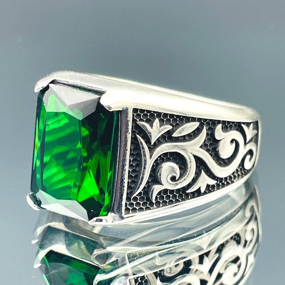 Emerald Green Stone Ring Mens: Turkish Handmade 925 Sterling Emerald Green Stone Ring Mens: Turkish Handmade 925 Sterling