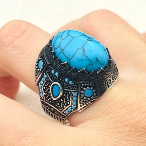 Men's Turquoise Stone Silver Ring, Handmade Jewelry Men, Oval Ring Man, 925K Sterling Silver,  Blue Stone Ring, Unique Ring, Gift For Him