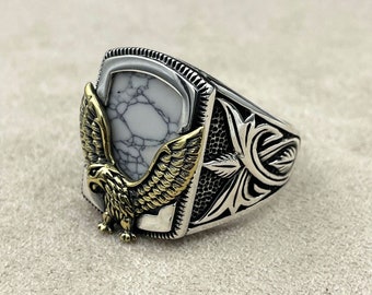 Turquoise Stone Men's Sterling Silver Eagle Ring: Handmade Biker Jewelry