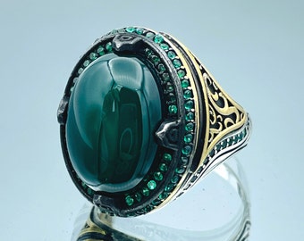 Yemen Aqeeq Ring Men&#39;s, Handmade Oval Green Agate Stone Silver Ring, Ottoman Style Ring, 925 Sterling Silver,Unique Men Jewelry,Gift For Him