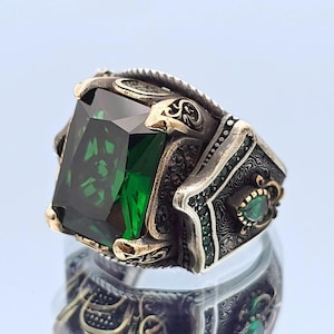 Men's Emerald Ring: 925 Sterling Silver Ottoman Engraved Design