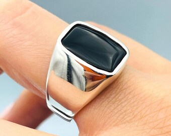 Handmade Sterling Silver Men's Ring: Black Onyx Rectangle Stone