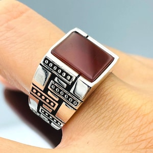 Mens Red Agate Stone Silver Ring, Yemeni Aqeeq Stone Ring, Ottoman Silver Ring, Turkish Handmade Silver Ring, 925k Solid Silver Ring, Unisex