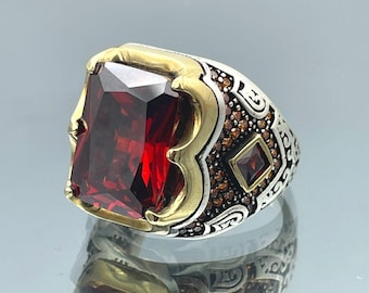 Men's Red Ruby Ring: Turkish Handmade 925 Sterling Silver