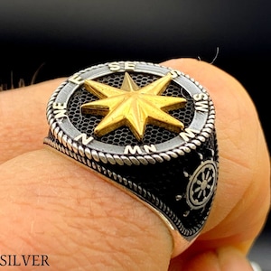 Men&#39;s Handmade Compass Silver Ring, Nautical Compass Ring, 925 Sterling Silver Ring, Silver Jewelry for Marines, Father&#39;s Day Gift Ring