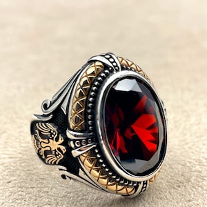 Men's Red Ruby Stone Silver Ring Double Headed Eagle - Etsy