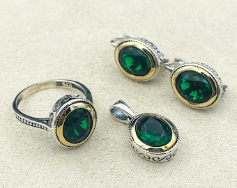 Conjunto de plata de piedra esmeralda verde para mujer, conjunto de joyería de plata para damas hecho a mano turco, conjunto de plata auténtica, anillo esmeralda, plata de ley 925