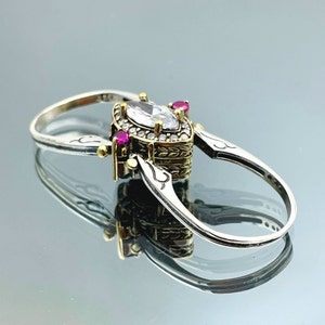 Zwei in einem Eins Ring, Wendbarer Ring, Ottomane Stil Marquise Schliff Weißer Zirkon und Roter Rubin 2-Band Frauenring, außergewöhnlicher Geschenkring