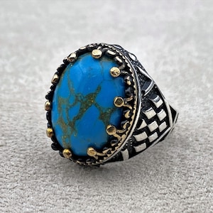 Mens Turquoise Handmade Silver Ring, 925 Sterling Silver, Oval Gemstone Ring, Modern Sterling Silver Men Ring, Men Engraved Ring, Gift Ring
