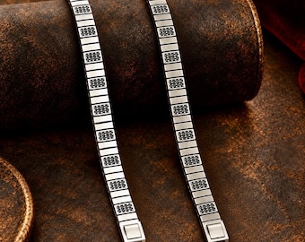 Industrial Grid Men Jewelry, Modern 925 Silver Geometric Bar Armband with Onyx