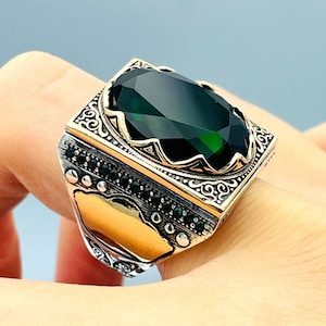 Mens Emerald Ring: Handmade 925 Sterling Silver Ottoman Style Jewelry