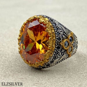 Bague en pierre de citrine pour hommes, bague turque en argent faite à la main, bague en pierre orange, bague ottomane, argent sterling 925, bijou en argent, bague cadeau