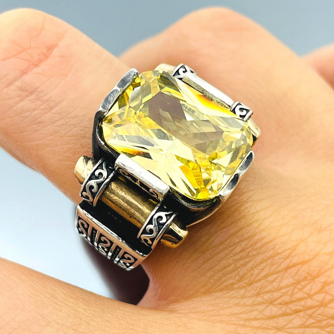 Men's 925 Sterling Silver Citrine Stone Ring - Turkish Handmade Simulated Citrine, Size 15mm X 20mm