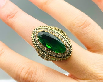 Emerald Sterling Silver Ring: Turkish Handmade Ottoman Design