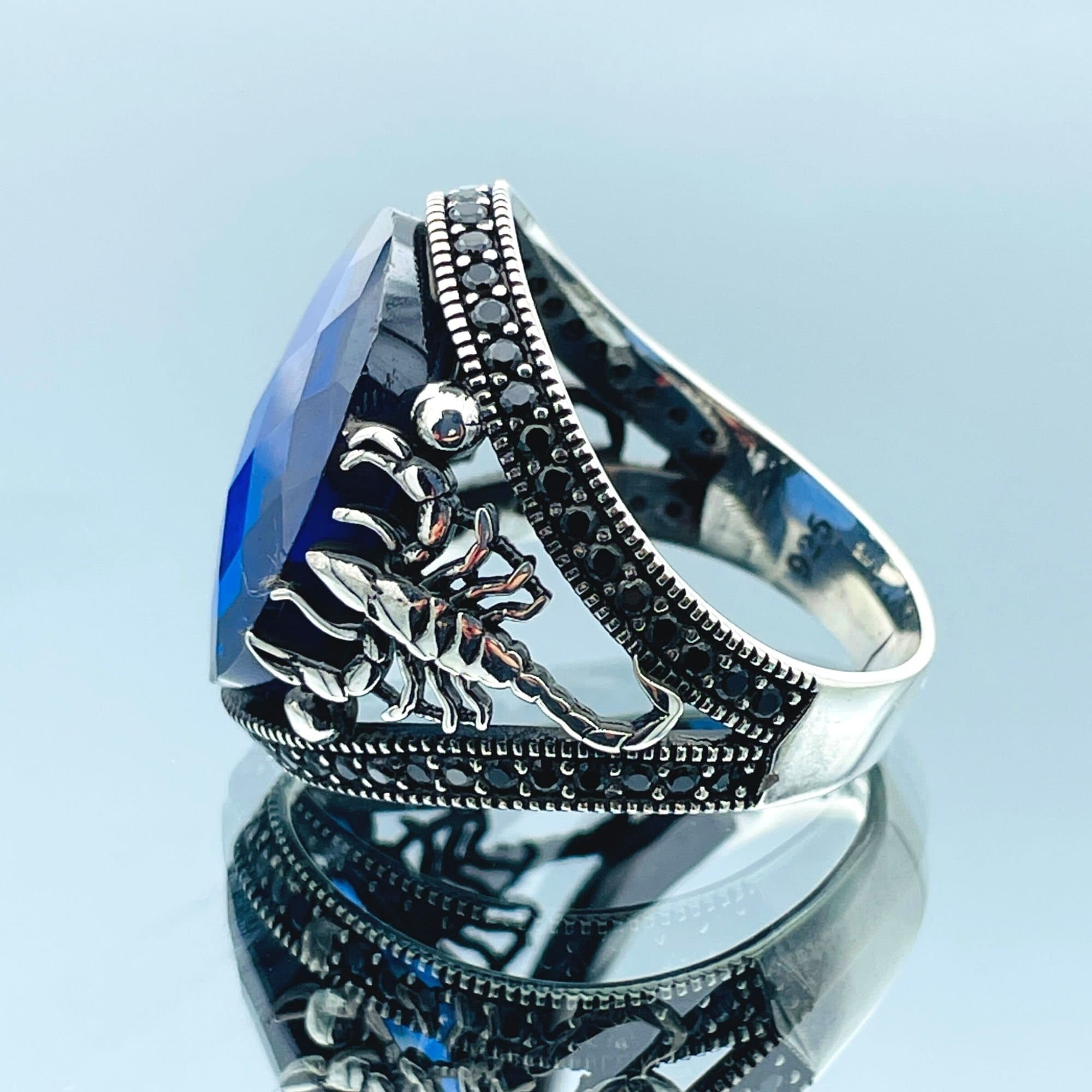 AGU  ハンドメイド  SILVER製 リング  トルコ石&ライスパール付き Blue Zircon Stone Mens Ring, Scorpion Figured Ring, Turkish