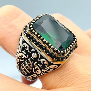 Men&#39;s Emerald Stone Silver Ring, Turkish Handmade Ring, 925k Sterling Silver Ring, Emerald Ring, Ottoman Men Ring, Men Jewelry, Gift for Him
