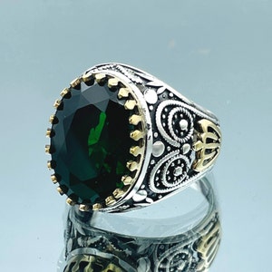 Men&#39;s Emerald Stone Silver Ring, Turkish Handmade Ring, 925k Sterling Silver Ring, Emerald Ring, Ottoman Men Ring, Men Jewelry, Gift for Him