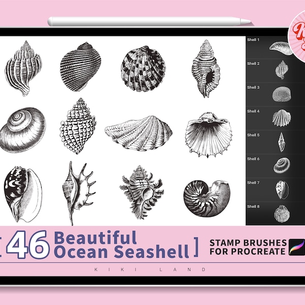 46 Procreate Seashell stamps brush set | Seashell Ocean Beach Themed Digital Brush Bundle for iPad | Shell Stamp Brushes For Help Drawing.