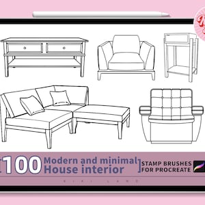 100 modern design furniture / minimal style interior products brush set.Hand-draw style house furnishings line draft.Procreate Guide Brushes