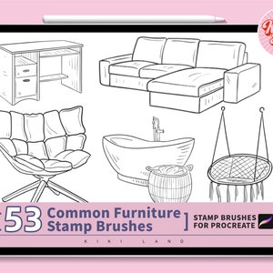 53 The room&#39;s usual furniture procreate stamps brush set.Hand-draw style house furnishings line draft.Procreate Guide Brushes