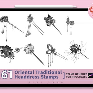 61 Procreate beautiful oriental traditional Headdress brush set / Traditional Hair Ornament / Orientalist Hairpin / Procreate Guide Brushes