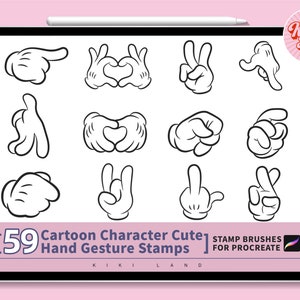 59 かわいいマンガアニメーションの手のジェスチャー Procreate スタンプ ブラシ セット。愛らしいキャラクターの 4 本指の手のスタンプ。Procreate ガイド ブラシ