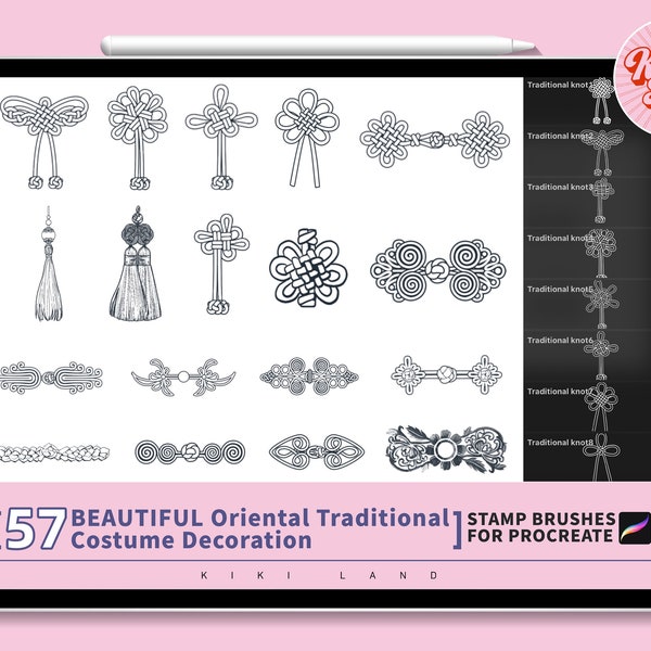 57 Procreate beautiful oriental traditional costume decoration brush set.Cheongsam Hanbok decorations and Norigae.Procreate Guide Brushes