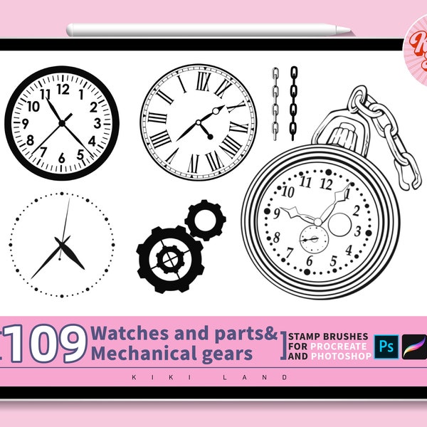 109 watches and gears procreate&photoshop brush stamps/Include 44 watches and parts and 65 mechanical gears line-art stamps,Gears and Wheels