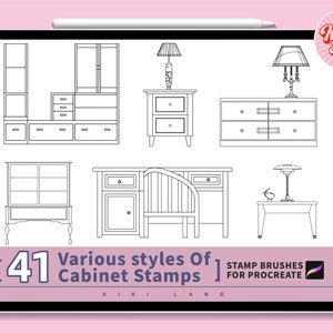 41 Various styles of cabinet and drawer light furniture procreate stamps brush set. House furnishings line draft.Procreate Guide Brushes