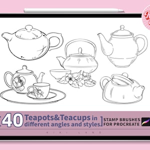 40Teacups and Teapots in different angles and styles/tea illustration/tea ceremony/Oriental style teacups and teapots procreate brush set
