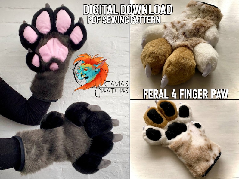 May include: A digital download PDF sewing pattern for a feral 4 finger paw. The pattern includes three different paw designs, one with black fur, one with brown and white fur, and one with brown and white fur with black claws.