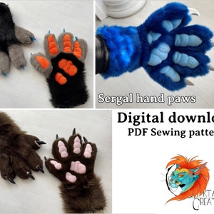 May include: A digital download PDF sewing pattern for making Sergal hand paws. The pattern includes three different paw designs: gray, black with orange accents, and blue with light blue accents. The pattern is available for digital download from Ktavia's Creatures.