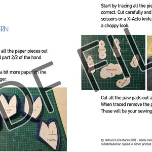 May include: A step-by-step guide for creating a sergal hand paw pattern. The guide includes instructions for tracing and cutting the pattern pieces, as well as tips for sewing the fur together. The image shows the pattern pieces laid out on a green surface.