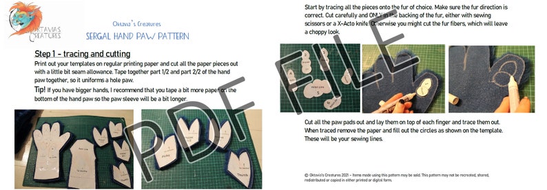 May include: A step-by-step guide for creating a sergal hand paw pattern. The guide includes instructions for tracing and cutting the pattern pieces, as well as tips for sewing the fur together. The image shows the pattern pieces laid out on a green surface.