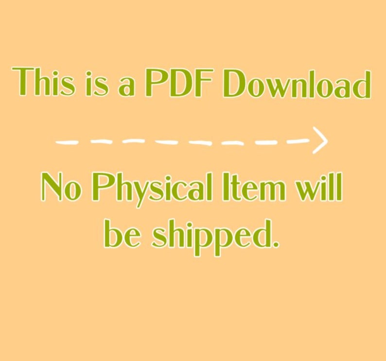 May include: Text on a peach background that reads "This is a PDF Download" with a dashed arrow pointing to the right. Below the arrow, the text reads "No Physical Item will be shipped."