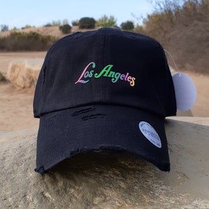 Los Angeles - Dad Hat/Baseball Cap - Reflective Holographic Vinyl - Vintage - Distressed -Unisex - Adjustable - Black - 100% Cotton