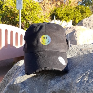 Smiley Face -  Dad Hat/Baseball Cap - Reflective Holographic Vinyl - Vintage - Distressed -Unisex - Adjustable - Black - 100% Cotton